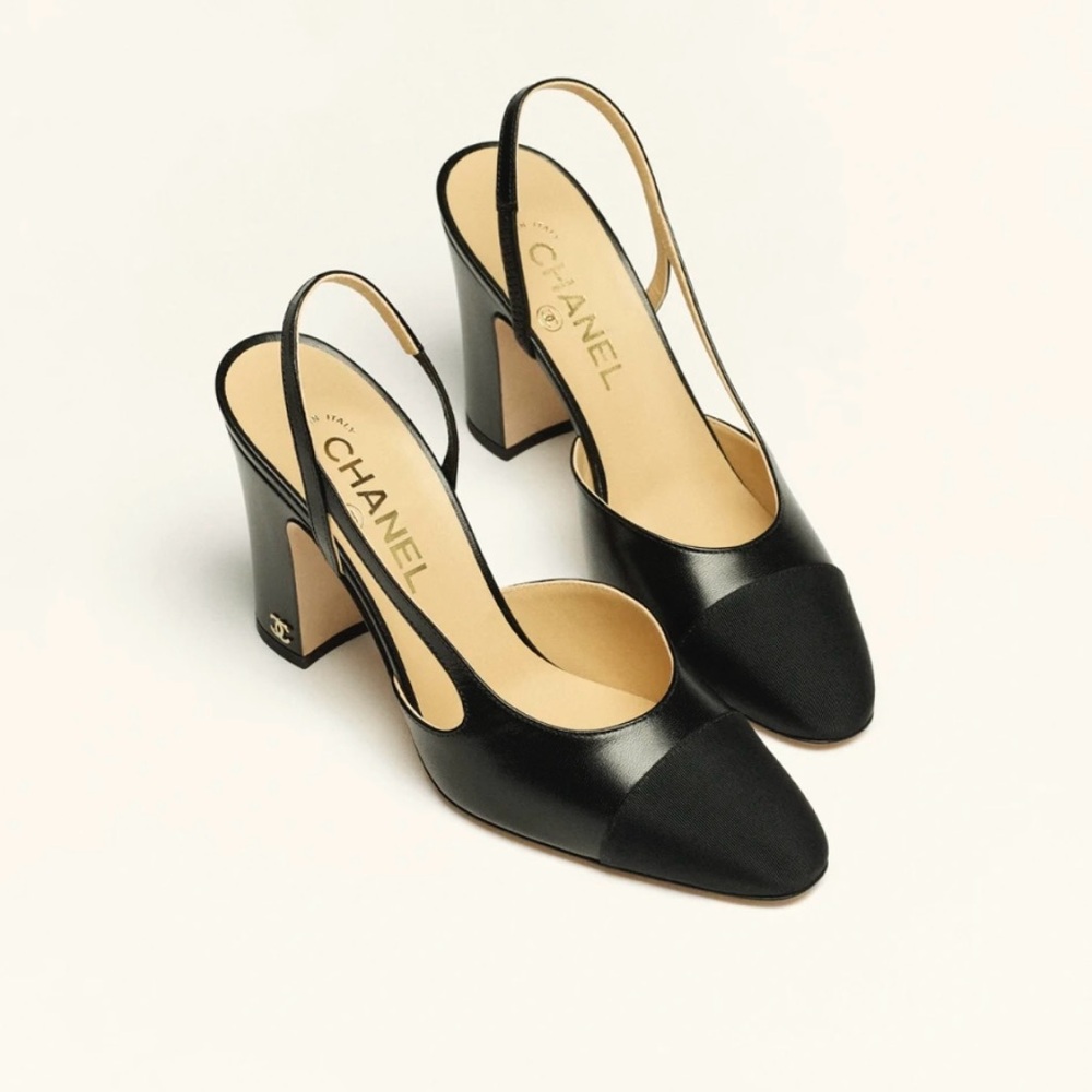 CHANEL Black Goatskin and Grosgrain Slingbacks, 90mm heel